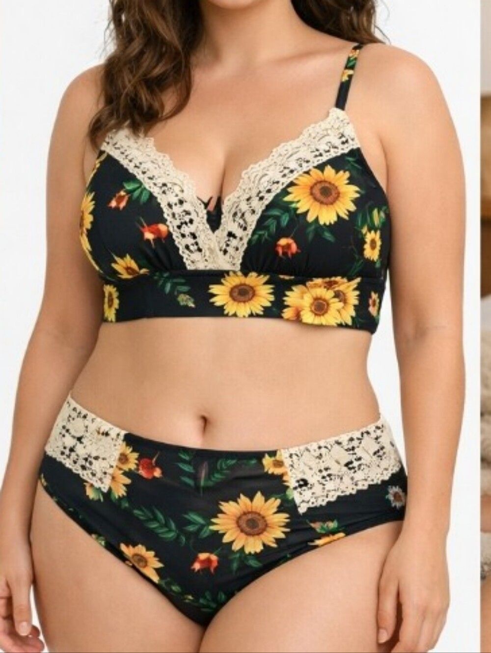 Sunflower Lace Trim Black Bikini - Women's Two-Piece Swim